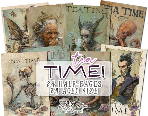 TEA TIME half pages printable | Quirky and Funny junk journal Mixed Media supplies | Illustration Aceo card making collage diary | pp771