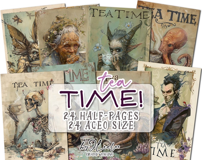 TEA TIME half pages printable | Quirky and Funny junk journal Mixed Media supplies | Illustration Aceo card making collage diary | pp771