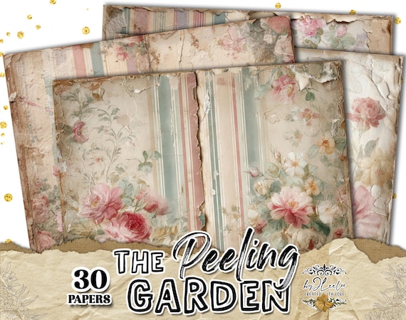 THE PEELING GARDEN – Vintage Shabby Floral Junk Journal Papers, Faded Rose Stripes, Distressed Pastel Backgrounds | Printable | ppK43