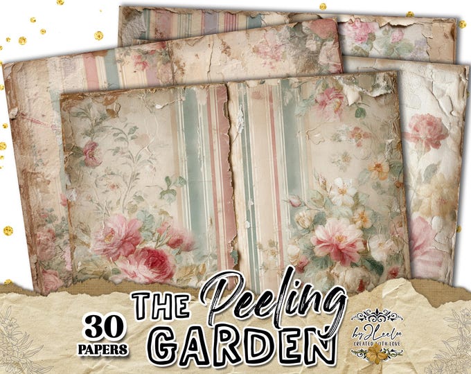 THE PEELING GARDEN – Vintage Shabby Floral Junk Journal Papers, Faded Rose Stripes, Distressed Pastel Backgrounds | Printable | ppK43