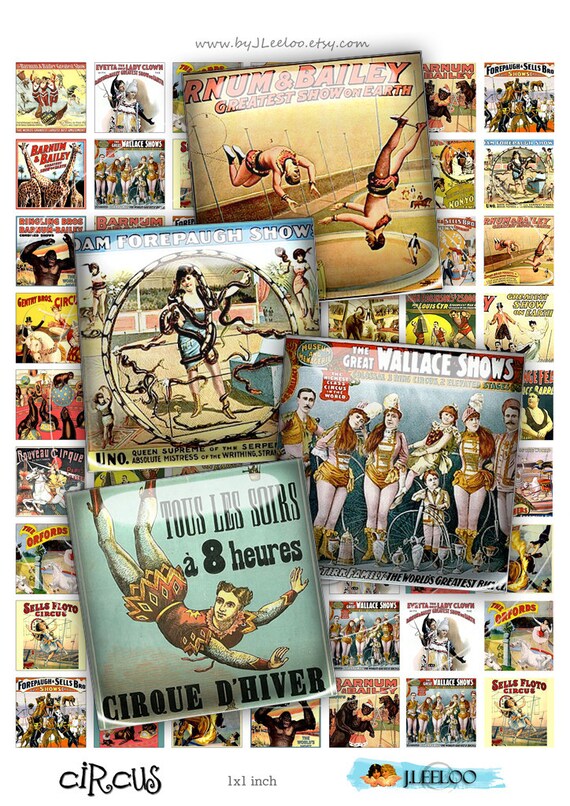 Digital collage sheet CIRCUS images 1x1 inch square for pendants charms bottlecup magnets pins hang tags craft instant download tn446