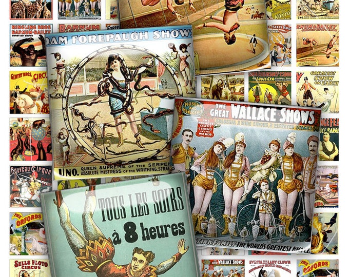 Digital collage sheet CIRCUS images 1x1 inch square for pendants charms bottlecup magnets pins hang tags craft instant download tn446