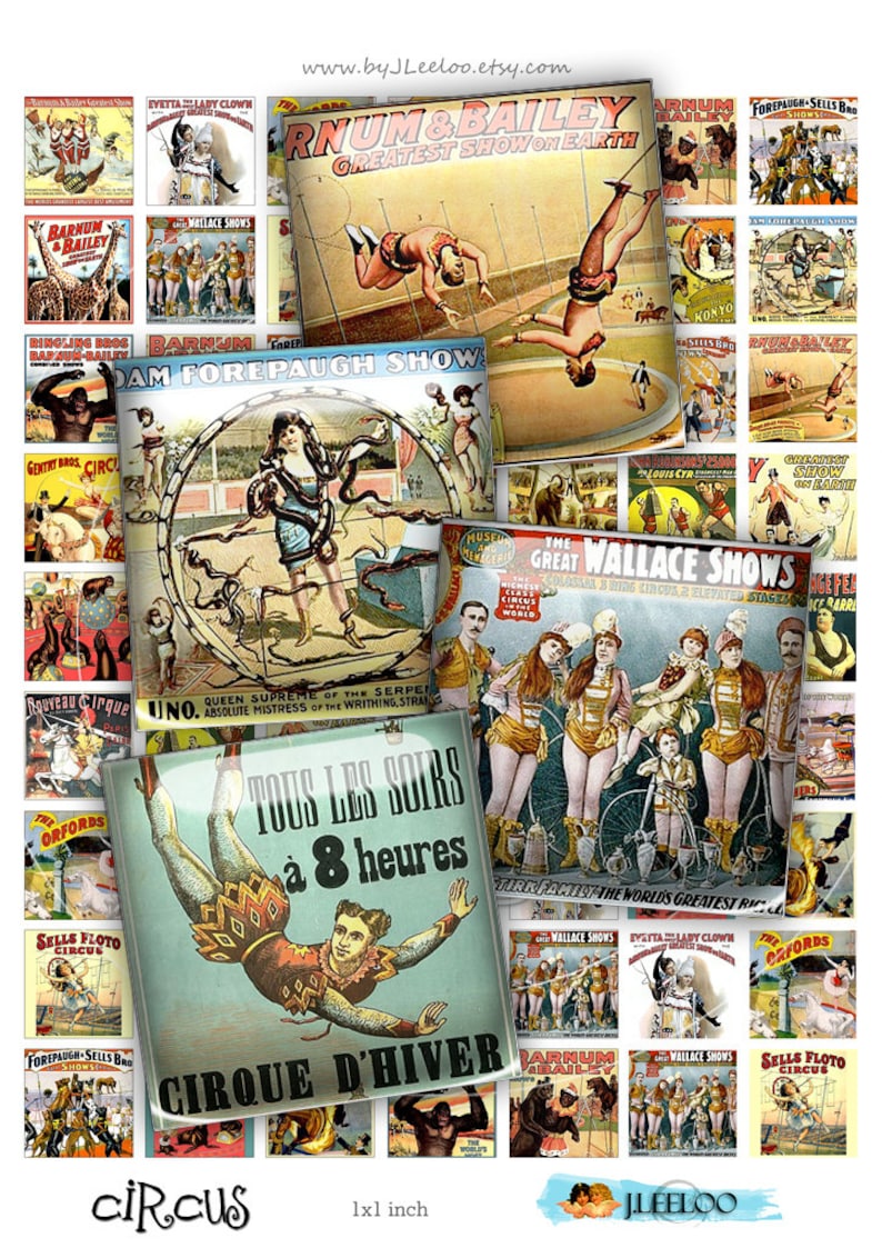 Digital collage sheet CIRCUS images 1x1 inch square for pendants charms bottlecup magnets pins hang tags craft instant download tn446