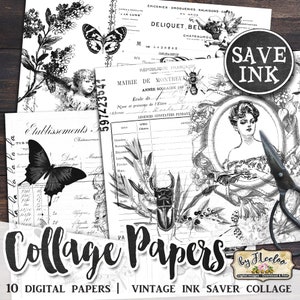 COLLAGE PAPERS Ink Saver Black White Ephemera Printable Junk Journal Kit Digital Scrapbooking Paper Journal Pages Commercial Use pp574
