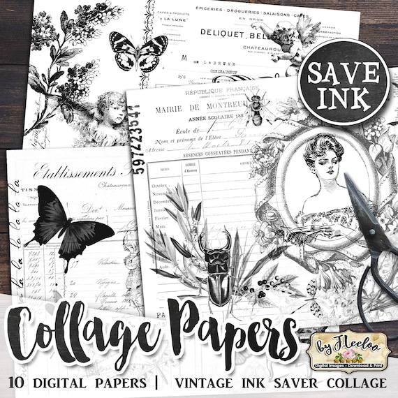 COLLAGE PAPERS Ink Saver Black White Ephemera Printable Junk Journal Kit Digital Scrapbooking Paper Journal Pages Commercial Use pp574