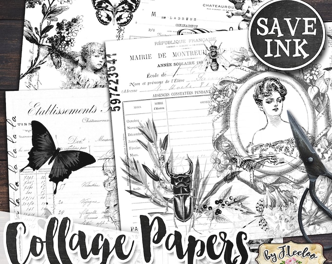 COLLAGE PAPERS Ink Saver Black White Ephemera Printable Junk Journal Kit Digital Scrapbooking Paper Journal Pages Commercial Use pp574