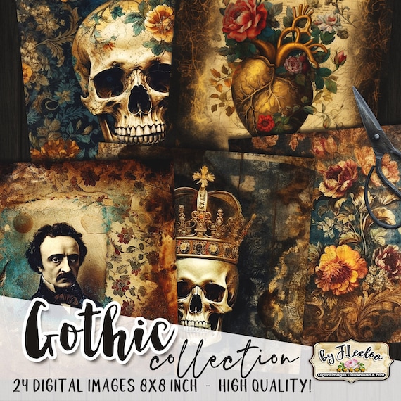 GOTHIC 8x8 printable halloween | 24 printable scary dirty paper | card making junk journal supplies | Tattered card journaling art | qu555