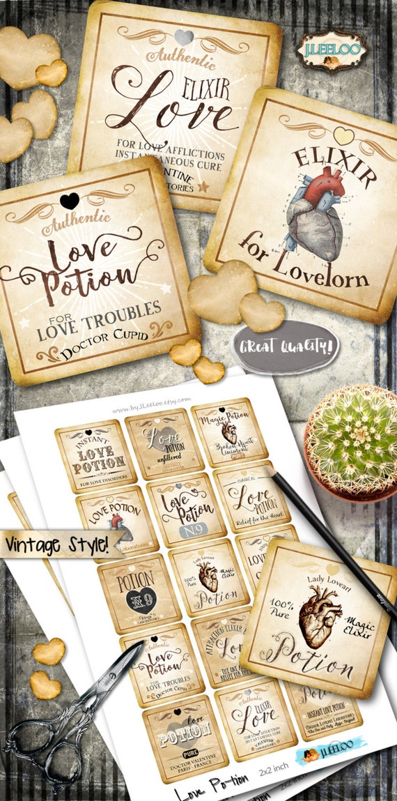 LOVE POTION 2 inch vintage digital image steampunk jar labels printable halloween magic heart scrapbook diy instant download qu489