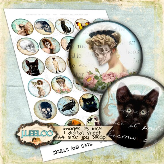 Digital printable SKULLS AND CATS 1.5 inch circle gothic scary dia de los muertos pendant and craft instant digital collage sheet tn417