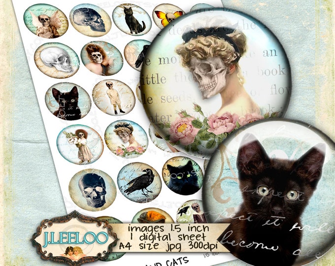 Digital printable SKULLS AND CATS 1.5 inch circle gothic scary dia de los muertos pendant and craft instant digital collage sheet tn417