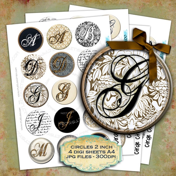 Digital collage CIRCLE CHIC 2 inch circle alphabet  damask for pendant magnet and craft  instant download printable images tn252