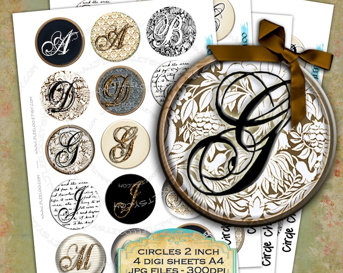 Digital collage CIRCLE CHIC 2 inch circle alphabet  damask for pendant magnet and craft  instant download printable images tn252