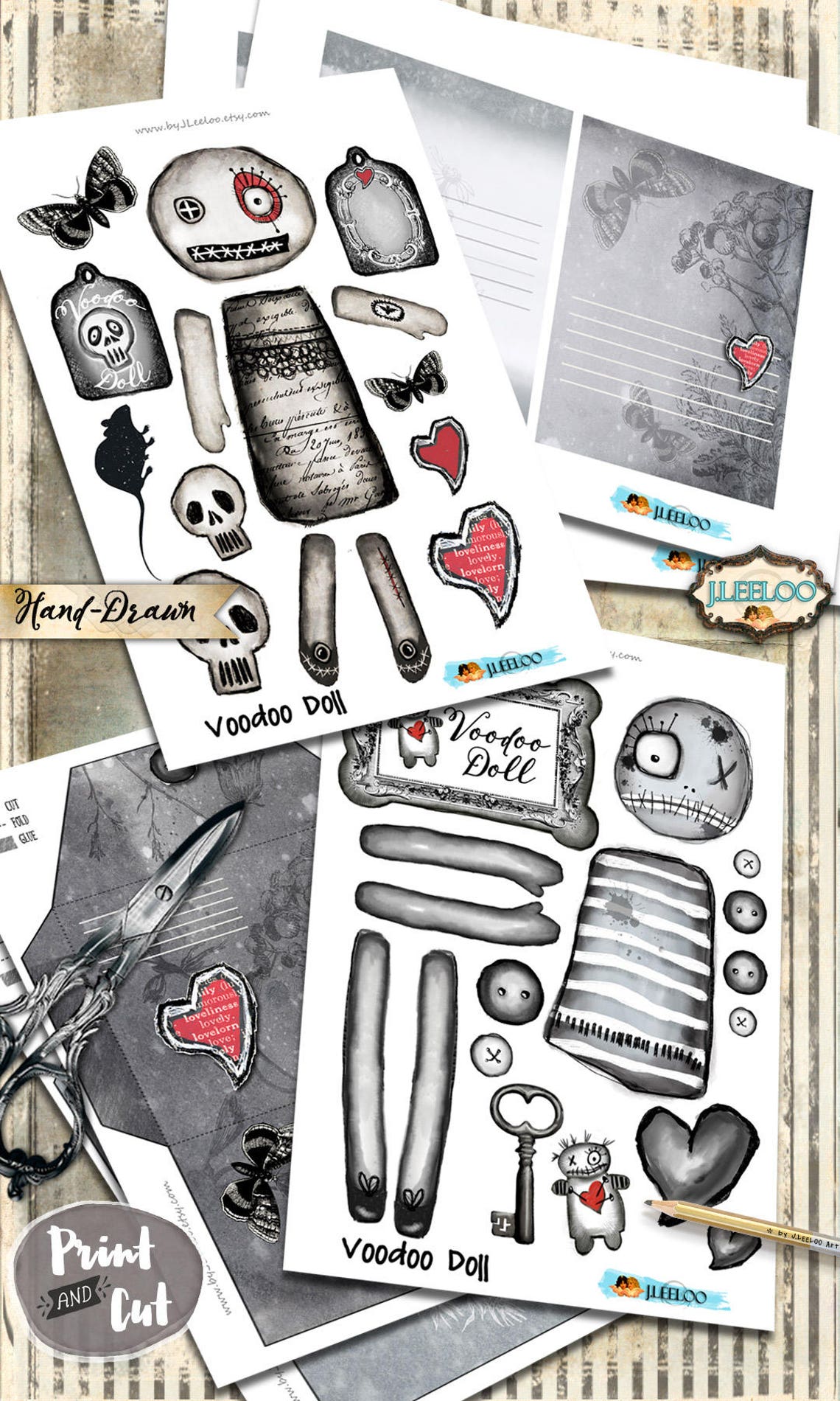 VOODOO PAPER DOLLS Altered Art Handdrawn Gothic Scary Digital Etsy