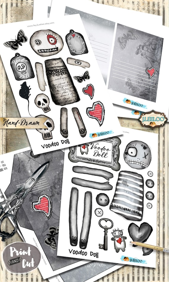 VOODOO PAPER DOLLS Altered Art Hand-drawn Gothic Scary Digital