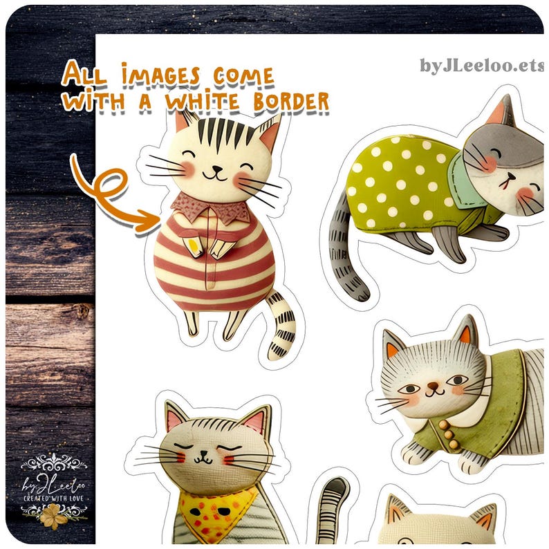 Op de afbeelding: Een vel kattenstickers met verschillende ontwerpen. E&eacute;n kat draagt een gestreept shirt, een andere een groene jas met stippen, en anderen hebben gele bandana's of groene jassen. De tekst "All images come with a white border" is zichtbaar.