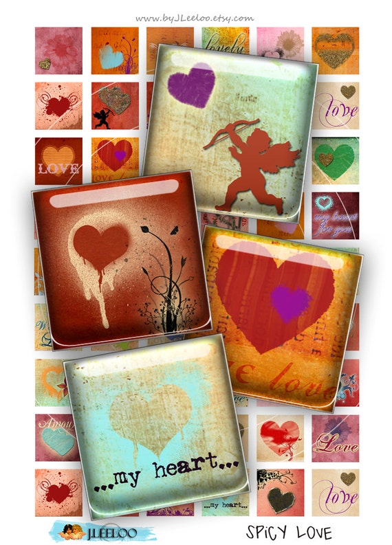 Digital collage SPICY LOVE 1x1 inch square heart valentine red painting for pendant clipart magnet instant download printable qu314