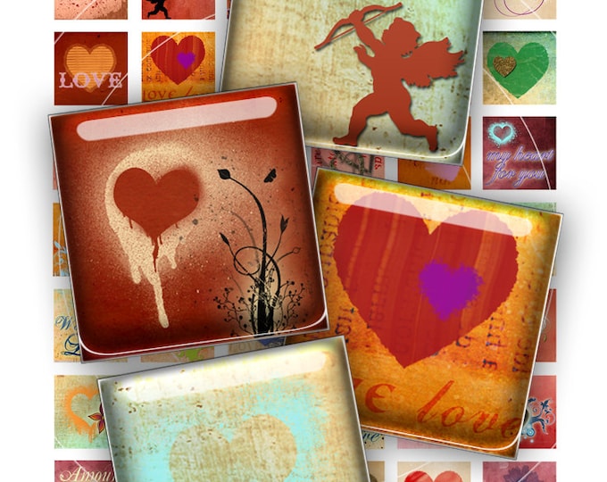 Digital collage SPICY LOVE 1x1 inch square heart valentine red painting for pendant clipart magnet instant download printable qu314
