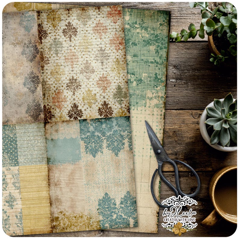 PATCHWORK PAGES – Vintage Patchwork Journal | Damask Ledger Paper Pack | Distressed Junk Journal Backgrounds Printable | ppK52 image 15