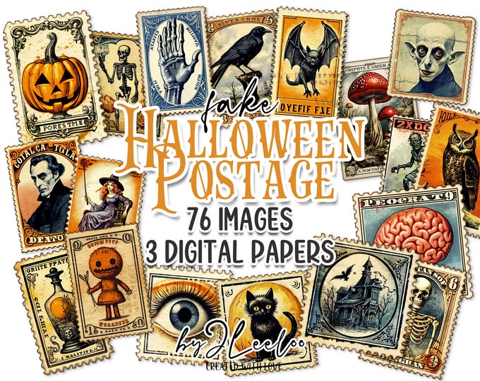 HALLOWEEN POSTAGE fake stamp creepy supplies Png printable vintage scary  ephemera junk journal instant download collage collection  | cl152