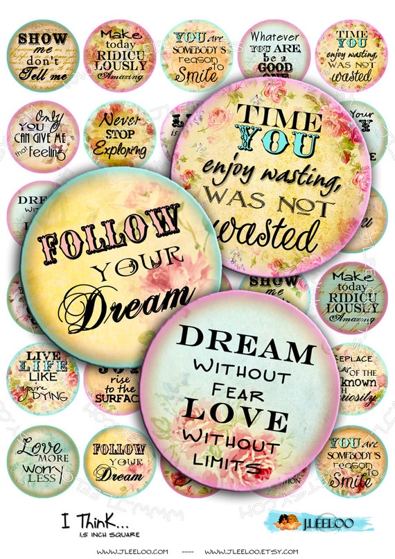 Digital collage I THINK 1.5 inch circle quote romantic roses flower phrases magnet stickers pendant craft instant download printable tn160