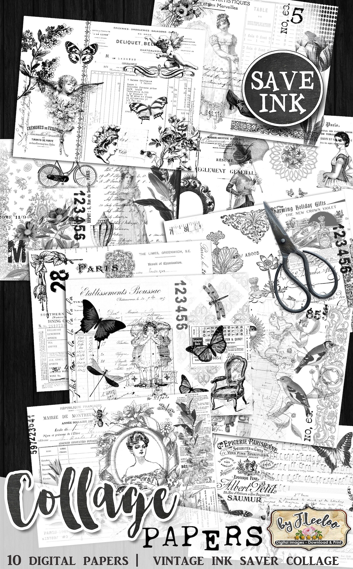 COLLAGE PAPERS Ink Saver Black White Ephemera Printable Junk Journal ...