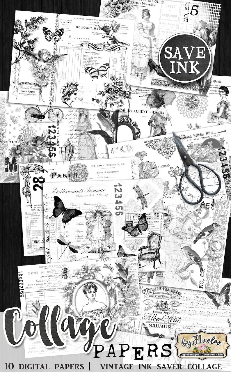 COLLAGE PAPERS Ink Saver Black White Ephemera Printable Junk Journal ...