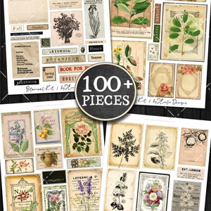 K&ouml;nnte beinhalten: Ein digitales Collage-Kit mit &uuml;ber 100 botanischen Illustrationen und Ephemera-Bildern. Das Kit enth&auml;lt Vintage-Botanikdrucke, florale Illustrationen und Texte. Die Bilder sind in Braun-, Gr&uuml;n- und Wei&szlig;t&ouml;nen gehalten.