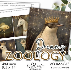 May include: A digital paper pack with 30 images and 8 digital papers featuring whimsical animal illustrations with crowns. The illustrations are in a dreamy style with a gold and brown color palette. The text "Dreamy Zoology" is featured in the image.