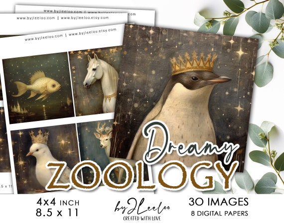 DREAMY ZOOLOGY 4 inch square printable | Romantic Medioeval fantasy for coaster mirror magnet labels and craft instant download | qu573