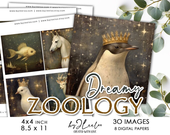 DREAMY ZOOLOGY 4 inch square printable | Romantic Medioeval fantasy for coaster mirror magnet labels and craft instant download | qu573