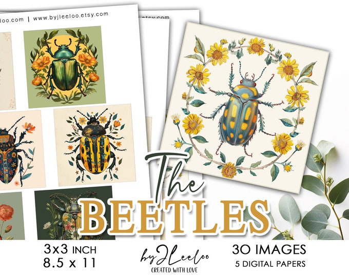 THE BEETLES 3x3 inch printable | supplies square charm, mirror, magnet, labels, altered art, craft card | Sticker fussy-cut journal | qu608