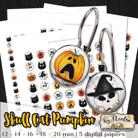 SKULL CAT PUMPKIN 12mm 14mm 16mm 18mm 20mm circle Halloween earring ring - scary pumpkin black cat ghotic jewelry - tn622