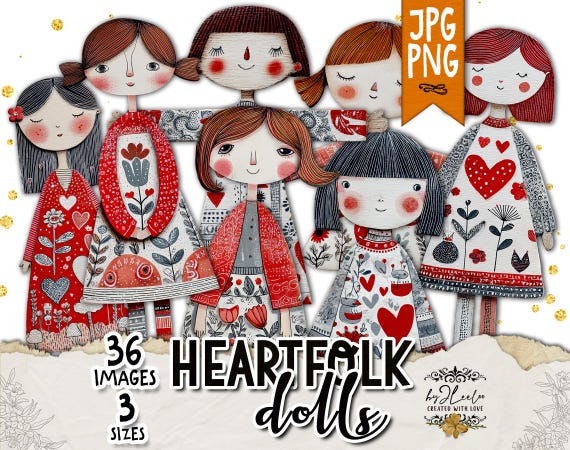 HEARTFOLK DOLLS – Paper Dolls and Folk Hearts for Junk Journal, Scrapbooking and Paper Crafts | cl211
