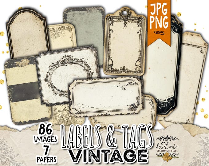 Vintage Labels and Tags Printable Ephemera | Distressed Frames, Aged Textures | PNG Printable Kit | tl297