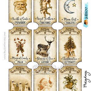 May include: Nine vintage-style apothecary labels with illustrations and text. The labels feature images of Santa Claus, angels, a deer, a Christmas tree, candy canes, a moon, and bells. The text on the labels includes "Breath of Santa", "Angel Feathers", "Moon Dust", "Magical Candy", "Glances of Deer", "Christmas Tree", "Lights of Hope", "Caress of Santa", and "Bells of Midnight".