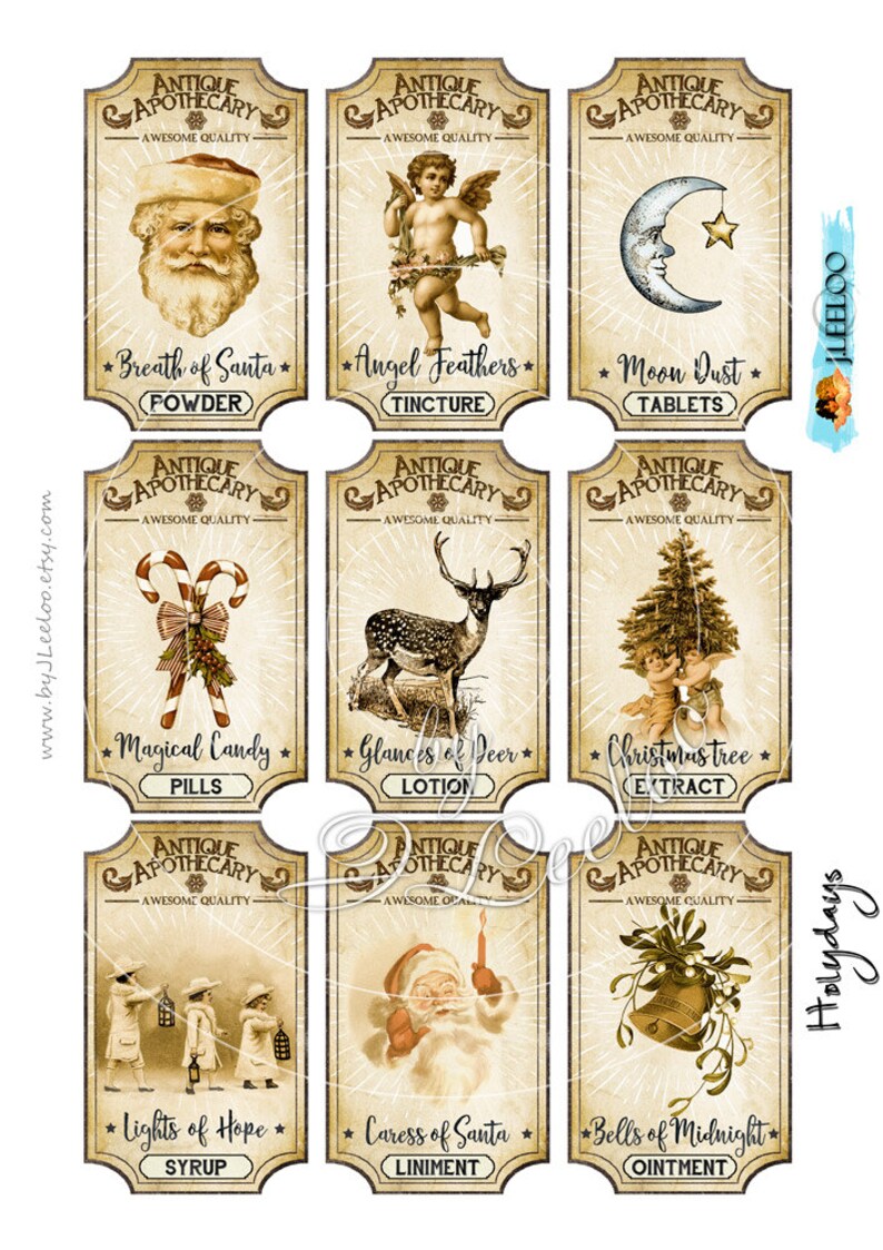 May include: Nine vintage-style apothecary labels with illustrations and text. The labels feature images of Santa Claus, angels, a deer, a Christmas tree, candy canes, a moon, and bells. The text on the labels includes "Breath of Santa", "Angel Feathers", "Moon Dust", "Magical Candy", "Glances of Deer", "Christmas Tree", "Lights of Hope", "Caress of Santa", and "Bells of Midnight".