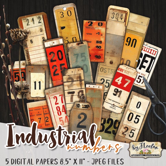 INDUSTRIAL NUMBERS labels printable steampunk supplies | tags vintage ephemera junk journal | masculine images digital collage sheet | tl256