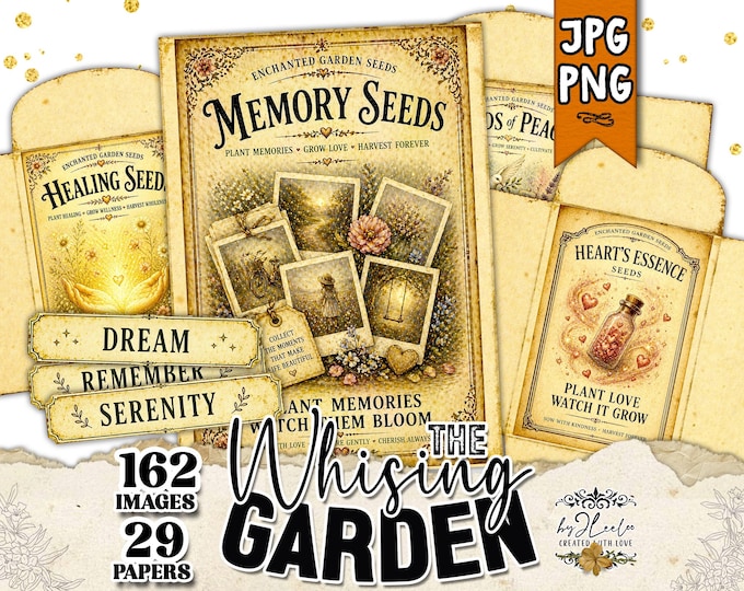 THE WISHING GARDEN – Enchanted Seed Packets, Vintage Botanical Fantasy Labels, Junk Journal Ephemera Printable | ppK61