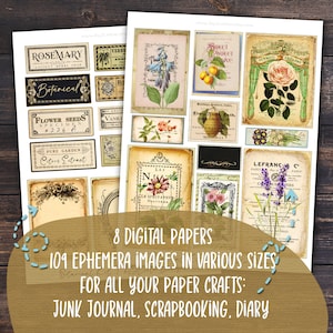 K&ouml;nnte beinhalten: Ein digitales Papierpaket mit 109 Vintage-Ephemera-Bildern in verschiedenen Gr&ouml;&szlig;en. Die Bilder zeigen botanische Illustrationen, Etiketten und Text. Die Bilder sind perfekt f&uuml;r Scrapbooking, Junk Journaling und andere Papierarbeiten.