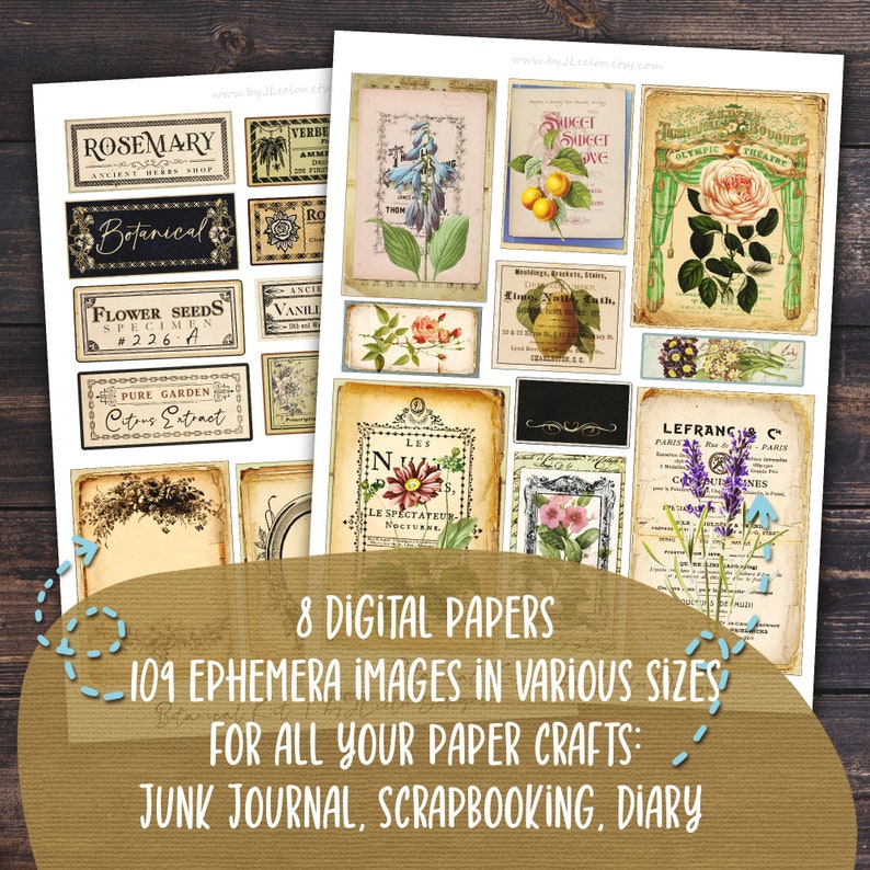 K&ouml;nnte beinhalten: Ein digitales Papierpaket mit 109 Vintage-Ephemera-Bildern in verschiedenen Gr&ouml;&szlig;en. Die Bilder zeigen botanische Illustrationen, Etiketten und Text. Die Bilder sind perfekt f&uuml;r Scrapbooking, Junk Journaling und andere Papierarbeiten.