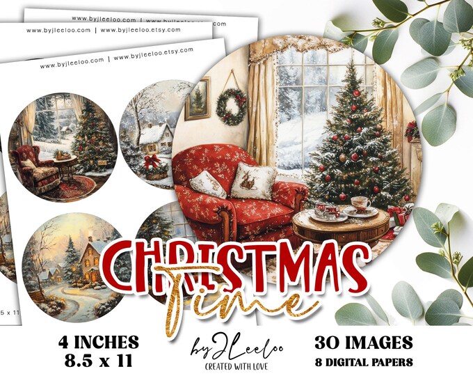 CHRISTMAS TIME 4 inch circle printable | Christmas Art Vintage Retro Holidays Folk coaster ornament magnet journal | Commercial Use | tn829