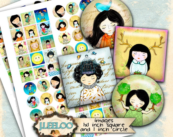 Digital collages HANDPAINTING 1 inch circle and 1x1 inch square clipart romantic for pendant magnet and craft instant download tn404