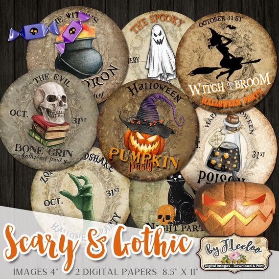SCARY & GOTHIC 4 inch digital Halloween printable vintage dirty images for coasters scrapbooking diary journal grunge ephemera tn619