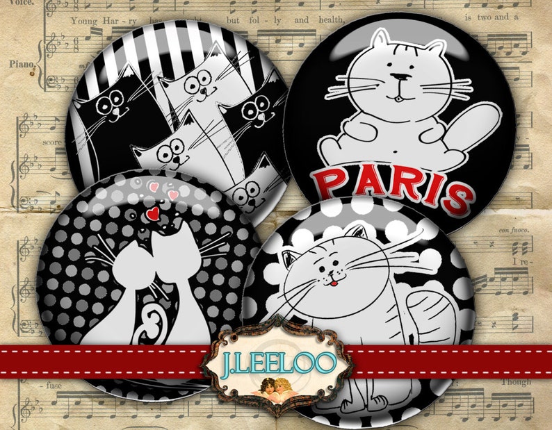 Digital collage sheet CATS IN PARIS 1.5 inch circle hang tags hand drawn images pendant magnet instant download printable image tn319