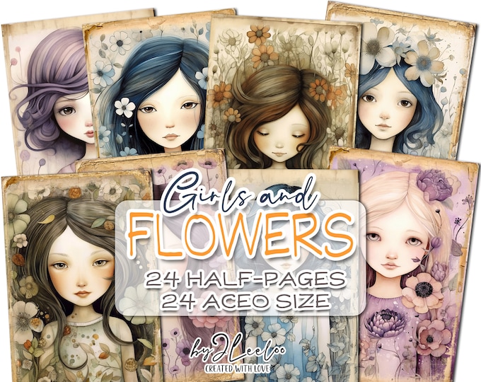 GIRLS AND FLOWERS half pages printable | Children illustration junk journal supplies | Fantasy frienship paper card collage diary | pp780