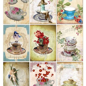 May include: A collage of nine images featuring vintage teacups with various floral and animal designs. The images are set against a background of old paper and text. The text includes "Delicious Cereals de France" and "Great Curiosity!" The collage is titled "A Cup of Tea".