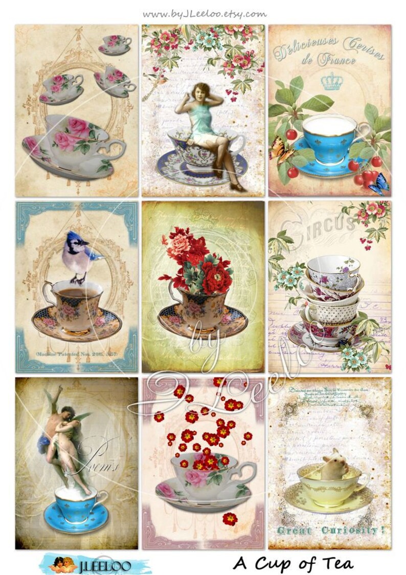 May include: A collage of nine images featuring vintage teacups with various floral and animal designs. The images are set against a background of old paper and text. The text includes "Delicious Cereals de France" and "Great Curiosity!" The collage is titled "A Cup of Tea".