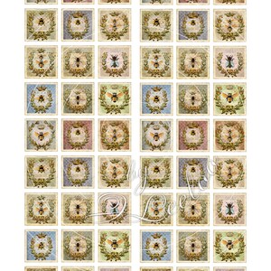 May include: A set of 36 digital printable images featuring a vintage style bee with a crown and floral wreath. The images are 1 inch square and have a distressed background in various colors.