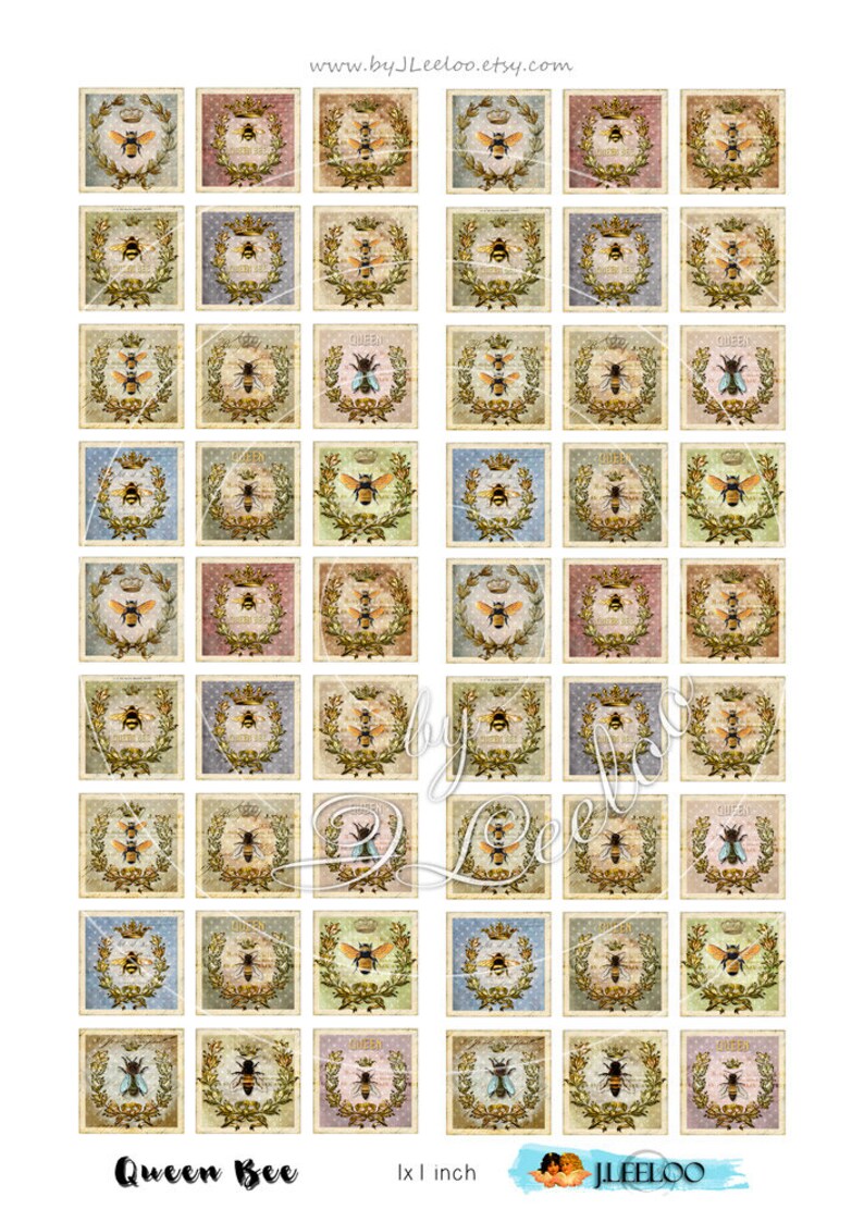 May include: A set of 36 digital printable images featuring a vintage style bee with a crown and floral wreath. The images are 1 inch square and have a distressed background in various colors.