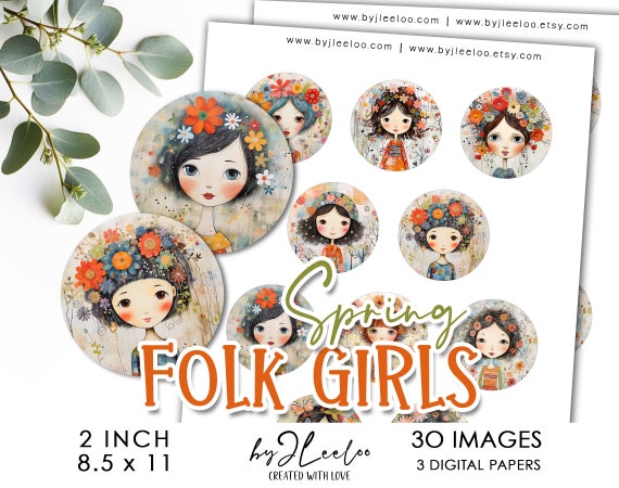 SPRING FOLK girls 2 inch printable naive | glass cabochon bottle cap images | supplies pendant keychain mountings cameo setting | tn718